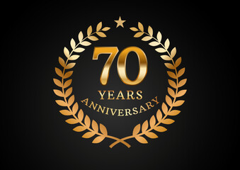 Vector graphic of Anniversary celebration background. 70 years golden anniversary logo with laurel wreath on black background. Good design for wedding party event, birthday, invitation, brochure, etc