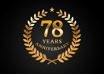 Vector graphic of Anniversary celebration background. 78 years golden anniversary logo with laurel wreath on black background. Good design for wedding party event, birthday, invitation, brochure, etc