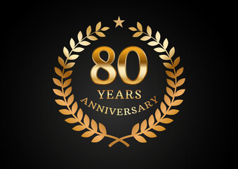 Vector graphic of Anniversary celebration background. 80 years golden anniversary logo with laurel wreath on black background. Good design for wedding party event, birthday, invitation, brochure, etc