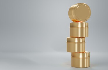 Stack of gold container candle tin box mock-up on beige background 3D render, travel candle can template for branding