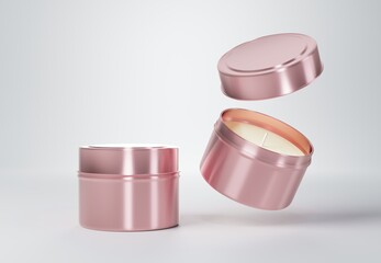 Container rose gold candle tin box mock-up on gray background 3D render