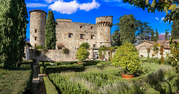 Italy, Toscana landscape. Scenic vineyards of Tuscany.  view of medieval castle and hotel  - Castello di Meleto in Chianti region. Italy, Toscana scenery  panoramic view