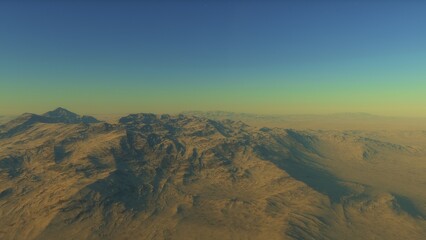 Fototapeta na wymiar realistic surface of an alien planet, view from the surface of an exo-planet, canyons on an alien planet, stone planet, desert planet 3d render 