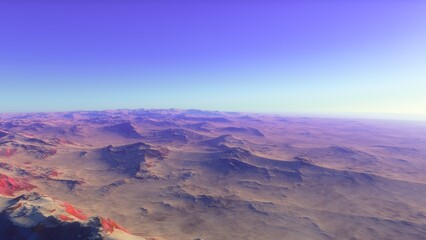 realistic surface of an alien planet, view from the surface of an exo-planet, canyons on an alien planet, stone planet, desert planet 3d render
