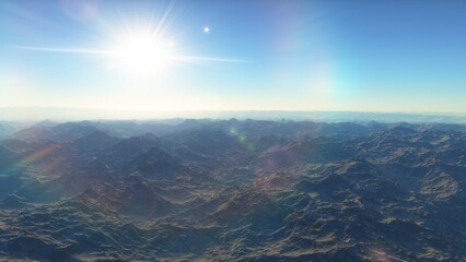 Exoplanet fantastic landscape. Beautiful views of the mountains and sky with unexplored planets. 3D illustration.
