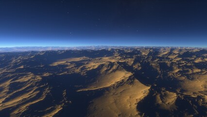 Exoplanet fantastic landscape. Beautiful views of the mountains and sky with unexplored planets. 3D illustration.
