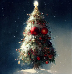 Fantasy Christmas tree with gifts. Christmas card background.