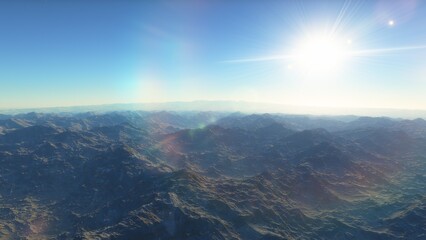 Fototapeta premium beautiful view from an exoplanet, a view from an alien planet, a computer-generated surface, a fantastic view of an unknown world, a fantasy world 3D render 