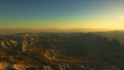 Fototapeta premium beautiful view from an exoplanet, a view from an alien planet, a computer-generated surface, a fantastic view of an unknown world, a fantasy world 3D render 