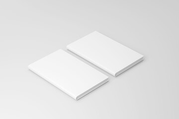 3d rendering left tilt blank books placed together and a book leaning on them, isolated white background, softcover square book on white background surface Perspective view