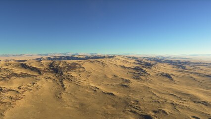 realistic surface of an alien planet, view from the surface of an exo-planet, canyons on an alien planet, stone planet, desert planet 3d render

