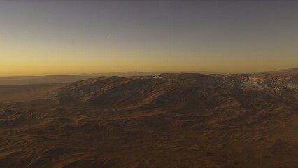 realistic surface of an alien planet, view from the surface of an exo-planet, canyons on an alien planet, stone planet, desert planet 3d render
