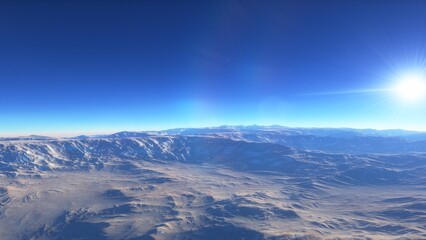 Naklejka premium alien planet landscape, science fiction illustration, view from a beautiful planet, beautiful space background 3d render 