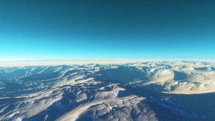 Naklejka premium alien planet landscape, science fiction illustration, view from a beautiful planet, beautiful space background 3d render 