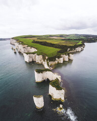 Old Harry Rocks, South Coast, Dorset, UK.  Aerial view of rugged coastline and sea stacks.  Jigsaw like Rock formations