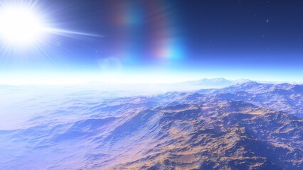 Mars like red planet, with arid landscape, rocky hills and mountains, for space exploration and science fiction backgrounds.
