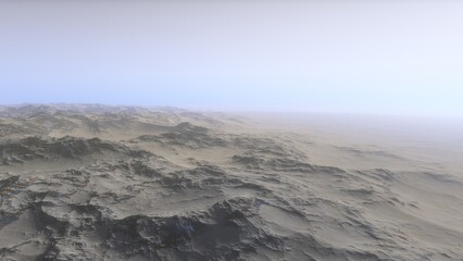 Mars like red planet, with arid landscape, rocky hills and mountains, for space exploration and science fiction backgrounds.
