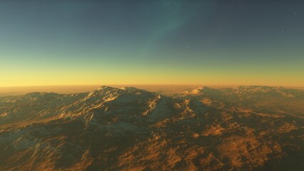 Mars like red planet, with arid landscape, rocky hills and mountains, for space exploration and science fiction backgrounds.
