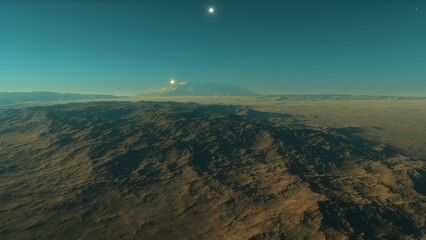 Mars like red planet, with arid landscape, rocky hills and mountains, for space exploration and science fiction backgrounds.
