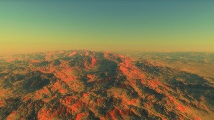 Fototapeta premium Mars like red planet, with arid landscape, rocky hills and mountains, for space exploration and science fiction backgrounds. 