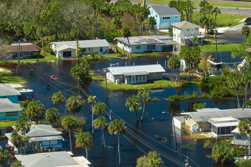 Surrounded by hurricane Ian rainfall flood waters homes in Florida residential area. Consequences...