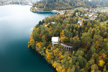 Autumnal scene next to lake, Aerial Photo.  Lake bled, Slovenia