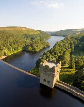 Aerial view of Derwent Reservoir, Peak District UK.  Derwent Dam, Howden Dam, Ladybower Reservoir.  