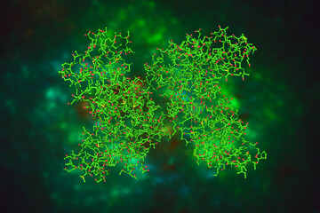 Human receptor-interacting protein kinase 1 domain in complex with a novel inhibitor. Molecular model. Rendering based on protein data bank entry 7fd0. Scientific background. 3d illustration