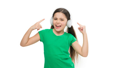 small girl listen to music. child enjoying the sound for now. Headphones calm children. Advantages of using headphones. kid interested in socialization. children use headphones on a daily basis