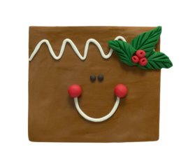 Smiling gingerbread man icon face made of plasticine isolated on transparent background. Flat style gingerbread man icon. Gingerbread man design for gift tag, t-shirt print, Christmas greeting card