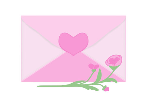 Envelope, a letter with a heart, a plant with a bud, color drawing, on a transparent background, for design and print