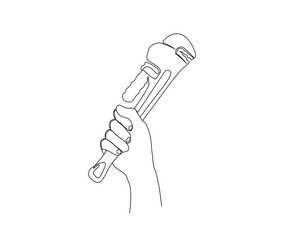 Continuous one line drawing of and holding wrench. Man's hand holds a plumbing wrench  simple line art vector design.