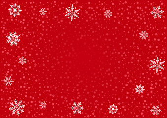 Red background with snowflakes and snowfall. Merry Christmas and Happy New Year banner