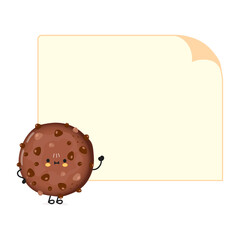 Cute funny chocolate cookies character with speech bubble. Vector hand drawn cartoon kawaii character illustration icon. Isolated on white background. Chocolate cookies character concept