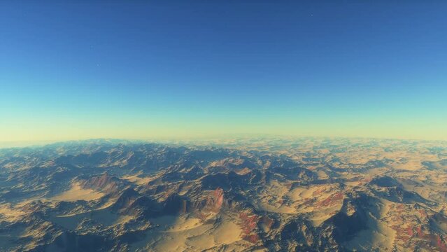 Mars landscape, 3d render animation of imaginary mars planet terrain and planets and starfield in a background. Science fiction animation.