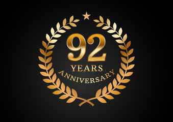 Vector graphic of Anniversary celebration background. 92 years golden anniversary logo with laurel wreath on black background. Good design for wedding party event, birthday, invitation, brochure, etc