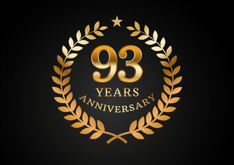 Vector graphic of Anniversary celebration background. 93 years golden anniversary logo with laurel wreath on black background. Good design for wedding party event, birthday, invitation, brochure, etc