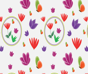 Colorful flowers vector repeat pattern with white background.