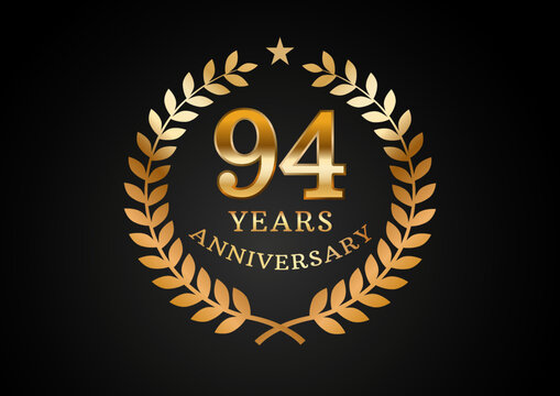 Vector graphic of Anniversary celebration background. 94 years golden anniversary logo with laurel wreath on black background. Good design for wedding party event, birthday, invitation, brochure, etc