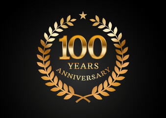 Vector graphic of Anniversary celebration background. 100 years golden anniversary logo with laurel wreath on black background. Good design for wedding party event, birthday, invitation, etc