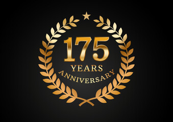 Vector graphic of Anniversary celebration background. 175 years golden anniversary logo with laurel wreath on black background. Good design for wedding party event, birthday, invitation, etc