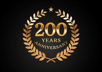 Vector graphic of Anniversary celebration background. 200 years golden anniversary logo with laurel wreath on black background. Good design for wedding party event, birthday, invitation, etc