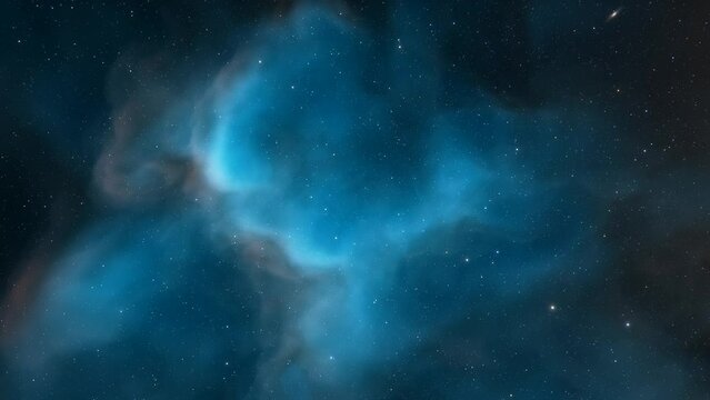 Space background. Camera is flying through the blue and magenta colored nebula. The stars are everywhere around