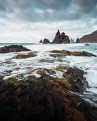 Rocky beach at Playa de Benijo, surfing, Tenerife. 