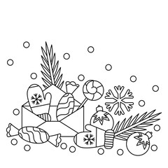 Winter Christmas coloring book for kids. Hand-drawn New year's vector composition. Greeting envelope, candy, warm mittens, decorative balls