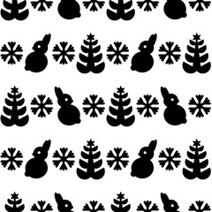 Seamless background with silhouette of Rabbits, Christmas trees . Animals on white. Horizontal stripes. Vector pattern for fabric, paper and other surface