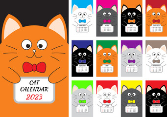 Cat vertical monthly calendar 2023 cover. All month. Cute cartoon character set.  Flat Vector - obrazy, fototapety, plakaty