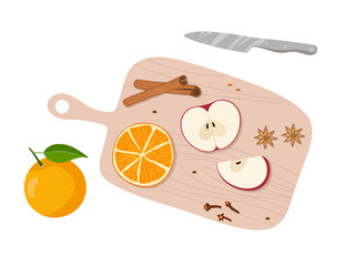 Fruits, spices, knife lie on cutting board for cooking spicy drinks and foods. Recipe ingredients. Organic food printing poster. Recipes, winter homemade drink, learning concept, cooking class, menu.