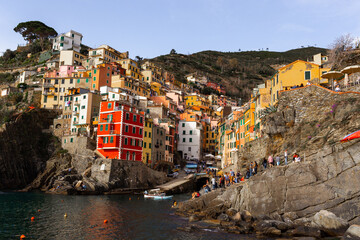 Fototapeta na wymiar Vernazza, Cinque Terre, Italy. Warm weather and blue skies. European Tourism