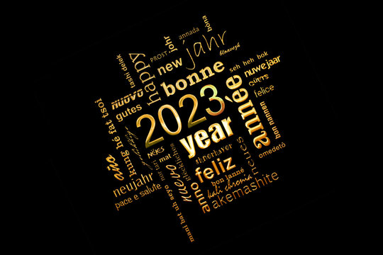 2023 new year multilingual golden text word cloud greeting card on black background